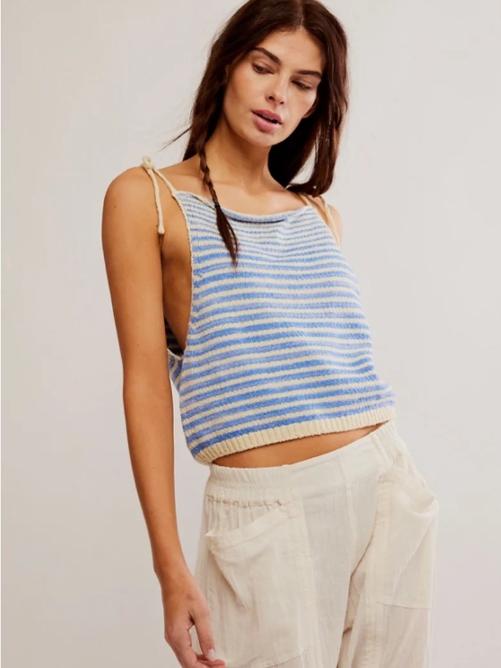 NWT Free People Striped Blue and Cream Knit Tie-Shoulder Claire Tank Top Size L